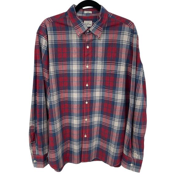 J. Crew Long Sleeve Flannel Button Down Red White Blue Men's XL - Picture 1 of 5
